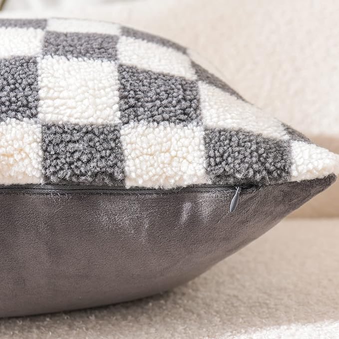 WACOMECO Decorative Throw Pillow Covers - Soft Sherpa Checkerboard Cushion Covers Faux Fur Pillow Cases for Sofa Bedroom Livingroom Car, 16 x 16 in, Grey and Off White