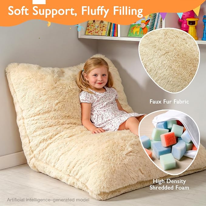 3 in 1 Kids Bean Bag Chair Bed, Kids Fluffy Stuffed Floor Pillow for Gaming and Reading, Ultra Soft Faux Fur Fabric Bean Bag Chairs to Lounger for Playroom, Living Room, Bedroom, Beige