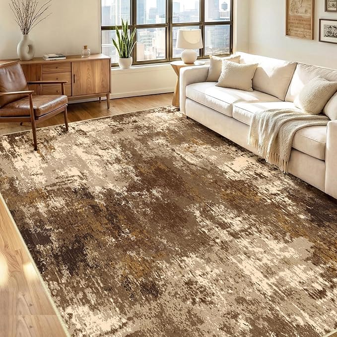 RELEANY Washable Area Rugs 5'x7' Non-Slip Modern Abstract Soft for Living Room Entryway Bedroom Nursery, Print Pattern, Brown Tan Beige Coffee