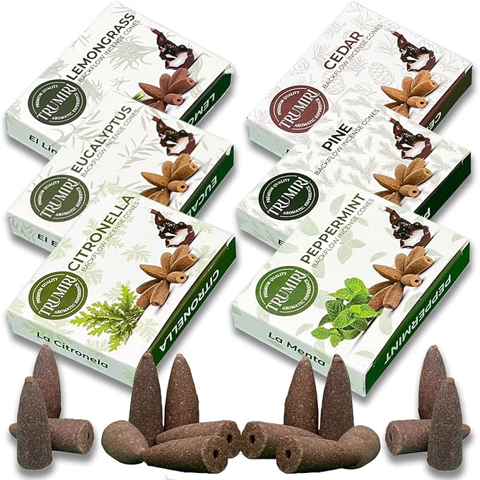 Leafy - Backflow Incense Cones for Waterfall - Scented Inscents-Cones - Peppermint, Citronella, Pine, Cedar, Eucalyptus, Lemongrass - Insiensos Aromaticos - 6x10=60 Large Variety Pack