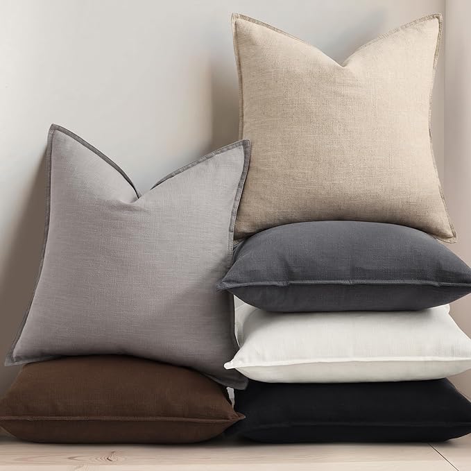 decorUhome Summer Decorative Linen Throw Pillow Covers 16x16 Inch Set of 2 Dark Grey Pillow Covers with Flange Edges Soft Farmhouse Boho Accent Pillow Cases for Couch Bed Living Room