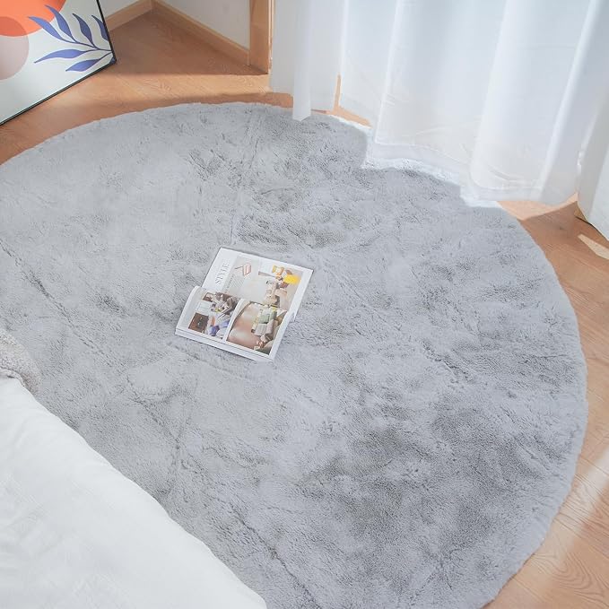 ORINOVA Round Furry Rugs for Living Room Faux Rabbit Fluffy Fur Rug for Bedroom Washable Area Rugs Boho Circle Rug Grey Shag Rug 4ft