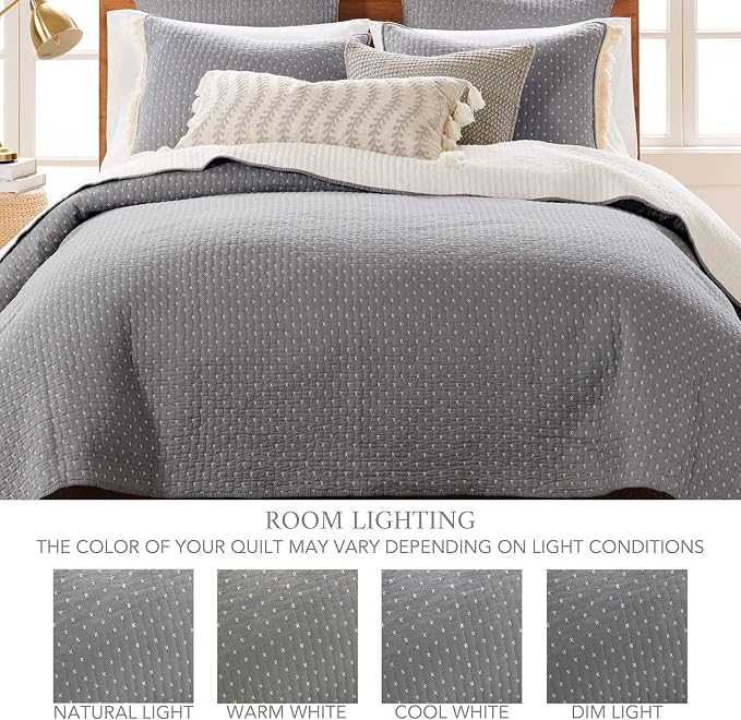 Levtex Home Cross Stitch Reversible Full/Queen Quilt Set (88x92in) and 2 Pillow Shams (26x20in) - Stitch Texture - Grey and White - Cotton Queen Size Quilt Bedding Set - Lightweight Soft Pre-Washed