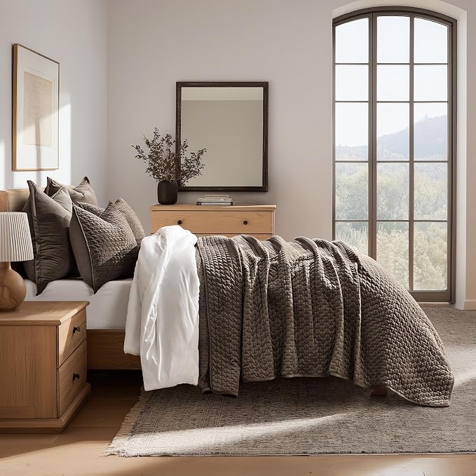 EverGrace Luxury Velvet Quilt Set Queen Size 3 Piece, Soft Cross-Stitch Velvet Comforter Set with Pillow Shams, Lightweight Coverlet Bedspread Bedding Set for All Seasons, Mushroom Brown