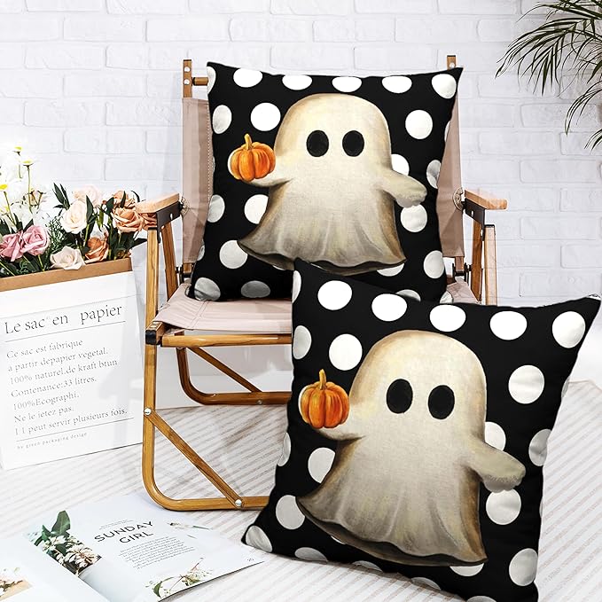 Set of 2 Happy Halloween Pillow Covers 22x22 Gus Ghost Spooky Pillow Case White Polka Dot Horror Holiday Cushion Case for Couch Sofa Halloween Party Decorations