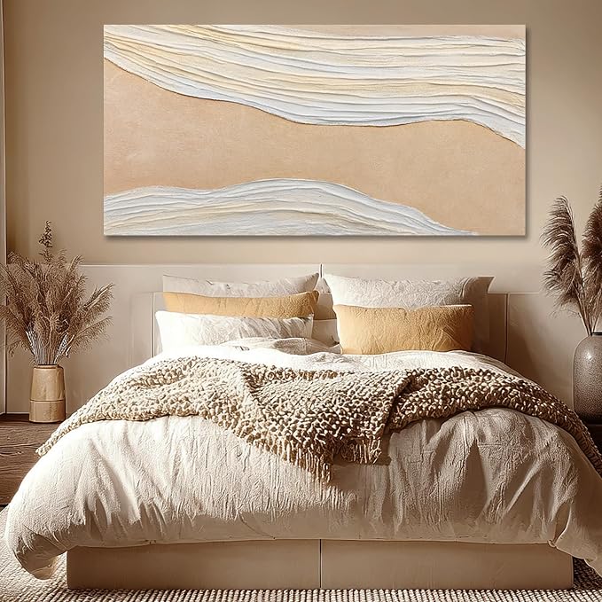 Dolidoteart Beige White Canvas Wall Art, Large Wall Art for Living Room, Hand Painted Abstract Oil Painting, Oversized Horizontal Wall Decor for Bedroom Office, 29x58 Inch