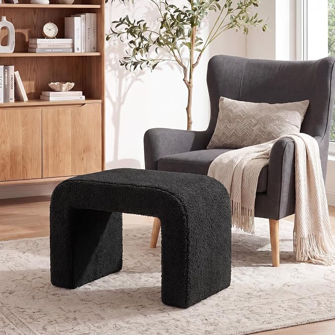 Tribesigns Set of 2 Modern Vanity Stool, Sherpa Upholstered Foot Stool Ottoman, Large Foot Rest for Couch, Shoe Bench for Entryway, Extra Seating for Living Room, Bedroom, No Assembly, Black