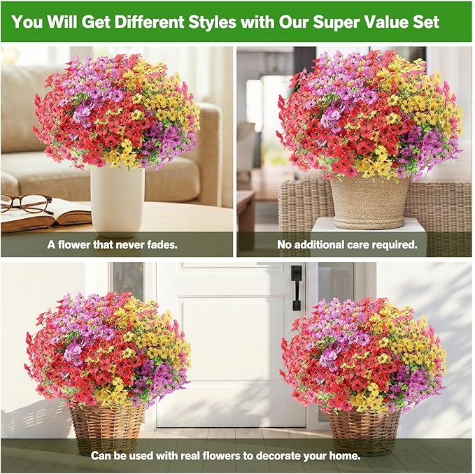 Artificial Flowers Fake Plants for Outdoors Spring Decoration, 13Bundles Silk Realistic UV Resistant Faux Flowers for Outside Planter Porch Yard Patio Garden Home Indoor, Mix