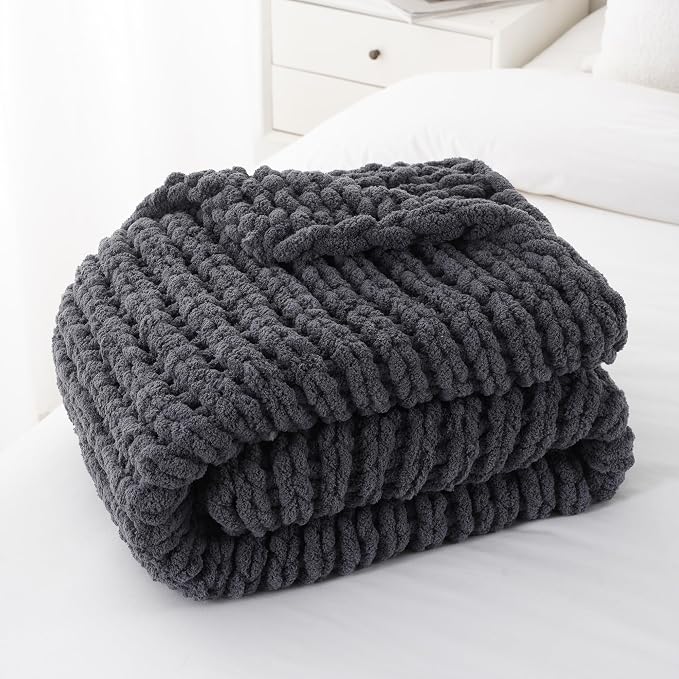 Battilo Chunky Knit Throw Blanket, Soft and Thick Chenille Throw Blanket, 50"x60" Handmade Cable Knit Crochet Blanket, Dark Grey Knot Knitted Throw Blankets for Couch Sofa Bed Home Decor