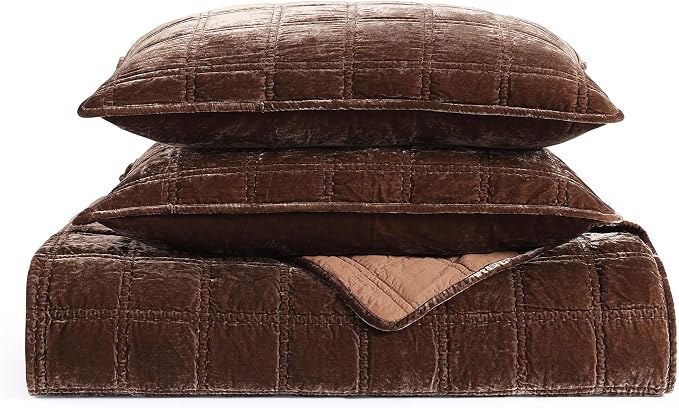 HiEnd Accent Stella Faux Silk Velvet Double Box Stitch 3 Piece Quilt Set, King Size, Copper Brown Solid Color, Classic Chic Modern Rustic Elegant Bedding Set, Lightweight Bed Set