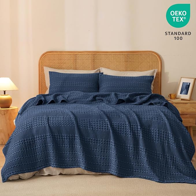 PHF 100% Cotton Waffle Blanket Queen Size for Bed, Lightweight Breathable and Soft for Summer, Luxury Aesthetic Waffle Weave Blanket for Home Decor & Gifts for Women, 90"x90", Blue Sapphire