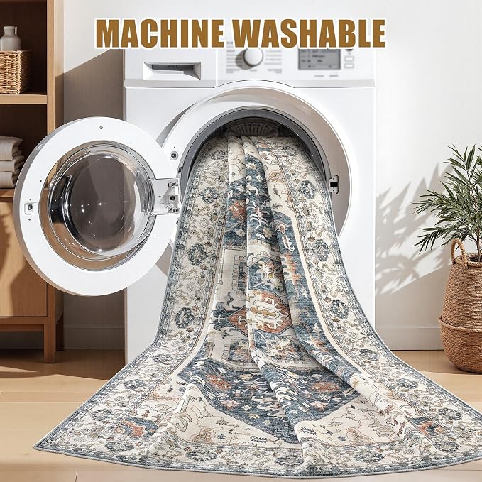 Area Rug for Living Room - 5x7 Washable Oriental Vintage Floral Distressed Large Soft Carpet - Fade Stain Resistant Non Slip Rugs for Bedroom Dining Room Nursery Dorm Office Home Decor - Vintage Blue