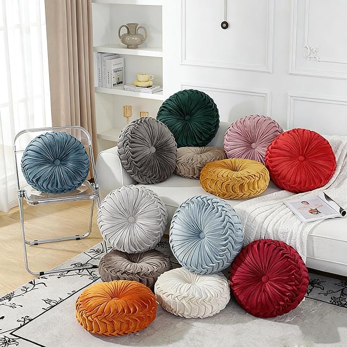 Greenjin 15" Round Pillow for Couch, Circle Velvet Pleated Throw Pillow,Decorative Round Floor Cushion,Pumpkin Chair Cushion for Bed Chair Car Sofa Home Decor Navy Blue