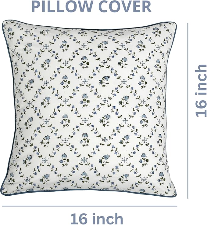 Ridhi Block Print Powder Blue Pillow Cover 16" x 16" (Pack of 2) Decorative Couch Pillows for Living Room, Chic Boho Cute Outdoor Pillows Covers Gifts for Spring, Easter and Valentine