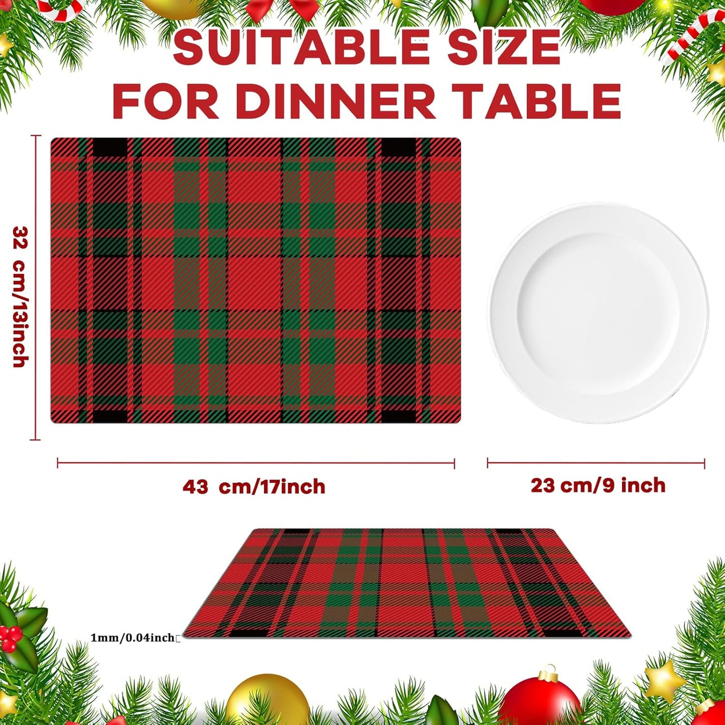 Christmas Placemats Set of 6 Red and Green Plaid Plastic Table Mats Recyclable Place Mats Washable Farmhouse Holiday Table Decoration for Indoor Outdoor Christmas Party Kitchen Dining