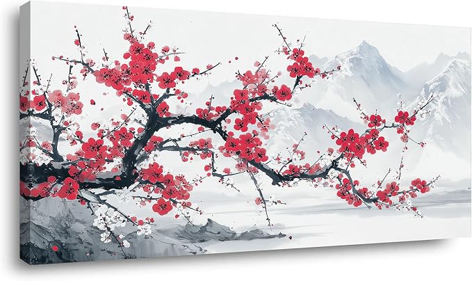 Red Plum Blossom Tree Wall Art for Living Room Canvas Oil Painting Prints Beautiful Blooming Flower Floral Mountain Landscape Art Deco Nature Artwork Office Bedroom Family Dining Room Decor Large