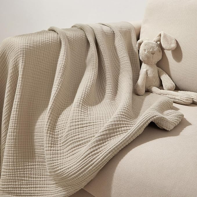 PHF 100% Cotton Muslin Throw XL Blanket Large 50" x 70", 4-Layer Lightweight Gauze Throw, Breathable Cloud-Soft Minimalist Blanket for Bed, Couch, Camping & Baby, Taupe, Ideal Gift
