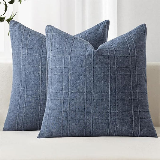 MIULEE Decorative Linen Check Euro Shams Throw Pillow Covers Neutral Farmhouse Vintage Pillow Covers 22x22 Set of 2 Boho Modern Home Decor for Sofa Couch Bedroom Cushion Blue