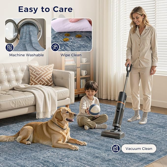 DMOYEST Area Rug Living Room Rugs - 10x12 Washable Large Soft Indoor Neutral Modern Abstract Low Pile Rug Carpet for Bedroom Dining Room Farmhouse Home Office - Dark Blue