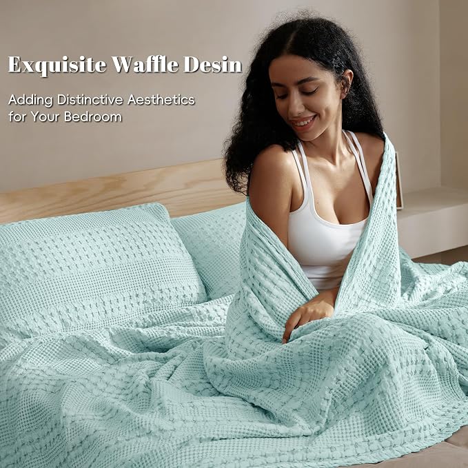 PHF 100% Cotton Waffle Blanket Queen Size for Bed, Lightweight Breathable and Soft for Summer, Luxury Aesthetic Waffle Weave Blanket for Home Decor & Gifts for Women, 90"x90", Mint