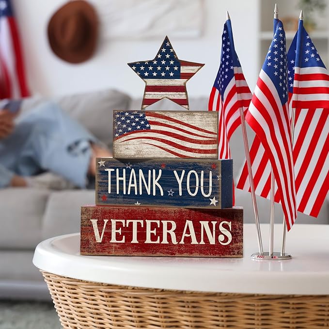 CroBlissful 4 Pcs Memorial Day Decorations Patriotic 4th of July Tabletop Decorations Red White Blue Table Centerpieces Star Sign for Office Tiered Tray Home Shelf 250th Anniversary