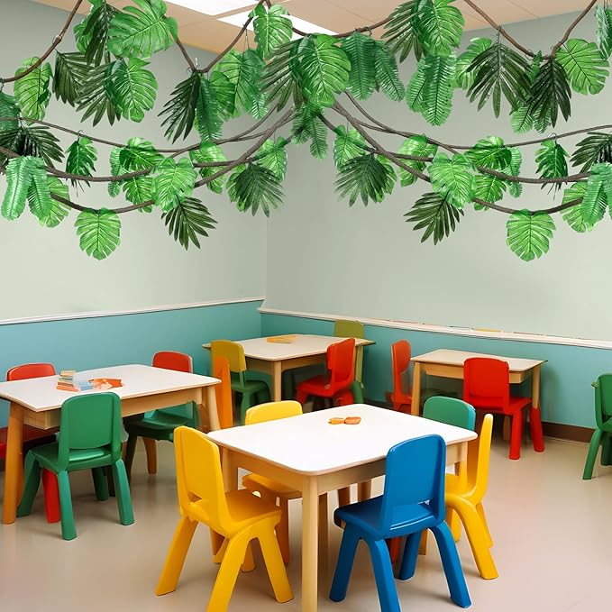 Preboun 102 Pcs 40 ft Jungle Theme Party Decorations Tropical Rainforest Leaves Safari 2026 VBS Artificial Rattan Vines Decoration with 100 Pcs Fake Tropical Palm Leaves for Indoor Outdoor Decor