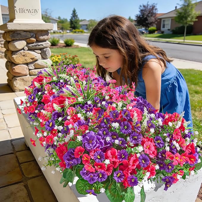 16 Bundles Artificial Flowers for Outdoors, UV Resistant Silk Faux Flowers for Outside Planters,Garden,Porch,Patio,Yard,Home Decor(Purple&Hot Pink)
