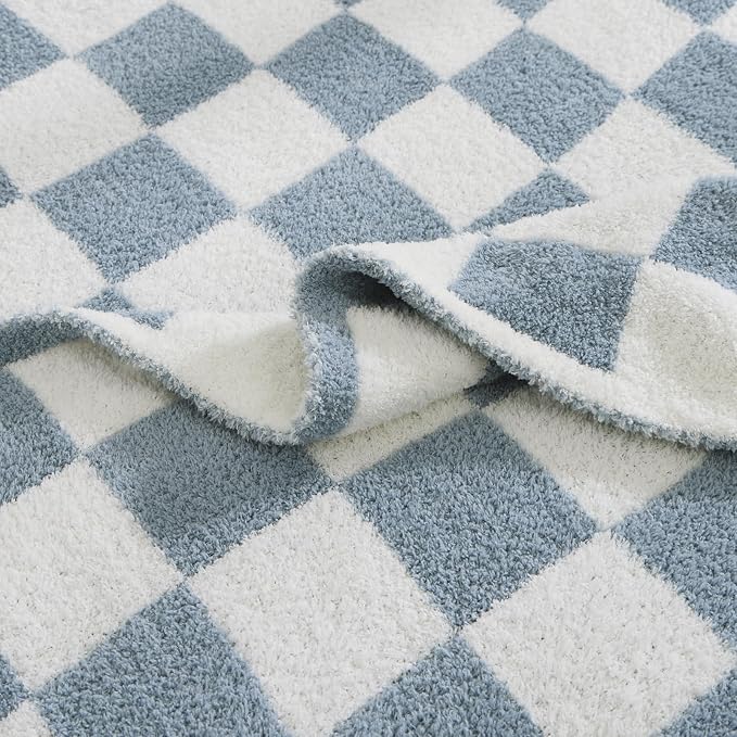 WRENSONGE Soft Twin Size Checkered Blanket for Bed-Cozy Knitted Blankets | Lightweight Fluffy Warm Decor for Women, Mom, Her & Girls, Sofa, Chair, Couch, 60x80in,Grey Blue