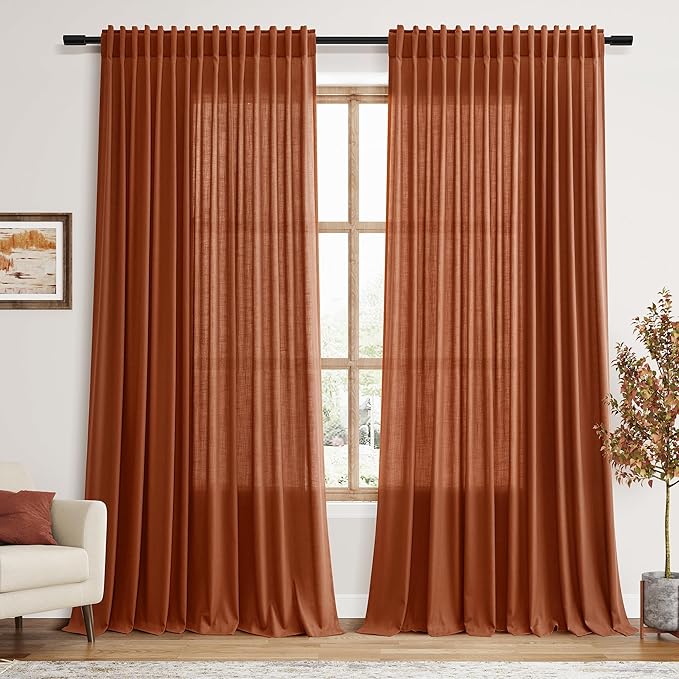 Nanspring Extra Wide Terracotta Curtains for Living Room 102 Inches Long Back Tab and Rod Pocket Linen Semi Sheer Farmhouse Boho Floor to Ceiling Curtain for Bedroom Office Luxury 100x102, 2 Panels