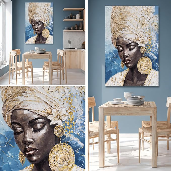 Dolidoteart Blue Gold Black Woman Wall Art, African American Canvas Print Wall Decor for Living Room Bedroom Office, Modern Portrait Artwork, 24x36 Inch