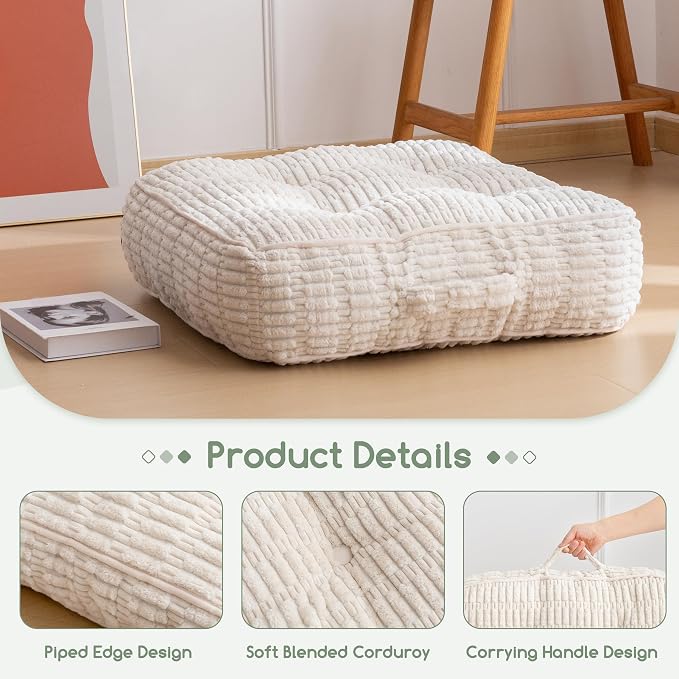 HIGOGOGO 6" Floor Pillow Cushion for Adults, Meditation Cushion Pillow, Blended Corduroy Cover, Large Square Floor Sitting for Tatami Living Room or Yoga, 22x22 Inch, Beige