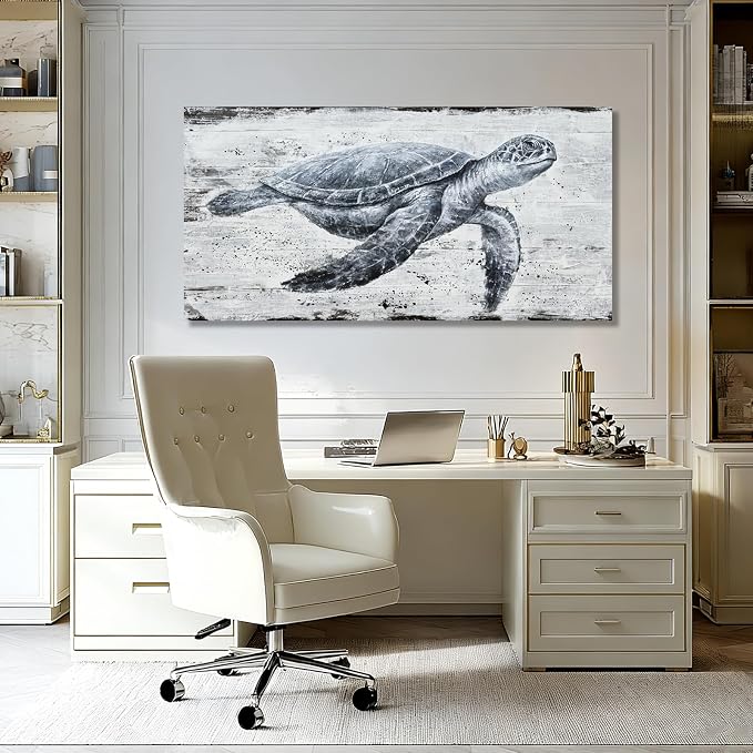 Hue7Art Ocean Inspired Turtle Canvas Wall Art Style Marine Animal Painting, Coastal Theme Artwork for Living Room Bedroom Bathroom Beach Home Decor 24x48 Inch