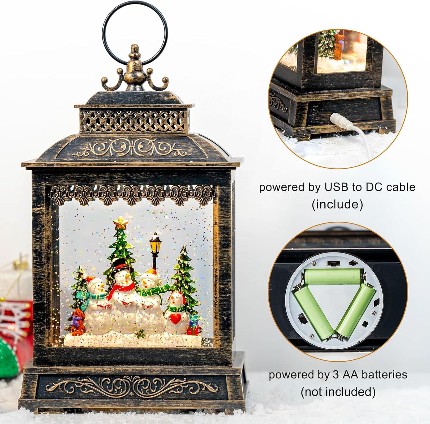 Christmas Snow Globes Lantern Christmas Snow Globe with Music Snowman Poetry,6H Timer,USB Lined/Battery Operated Lighted Lantern for Christmas Festival Decoration Gifts