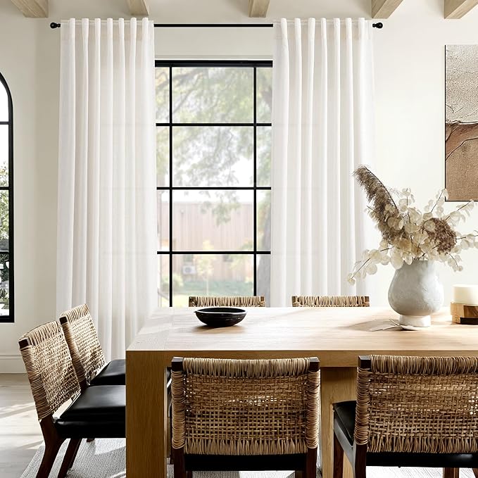 Ivory White Linen Curtains for Living Room 94 Inches Long Light Filtering Semi Sheer Curtain Back Tab Rustic Luxury Neutral Modern Farmhouse Decor Drapes for Bedroom Dinner Room 52x94, 2 Panels