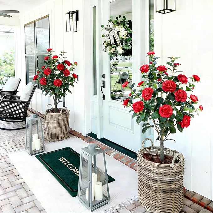 Artificial Camellia Tree 2 Pack, 3FT Faux Camellia Plant in Pot, 36 inch Fake Potted Camellia Flower Tree Plastic Camellia Tree for Modern Home Office Christmas Living Room Floor Decor Indoor, Red