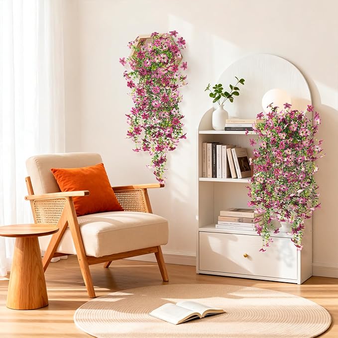 Artificial Fake Hanging Flowers Plants for Outdoor Spring Summer Decoration,2 PCS Faux Silk Daisy with Eucalyptus Leaves,UV Resistant Look Real for Outside Home Planter Porch Patio Balcony Yard Decor