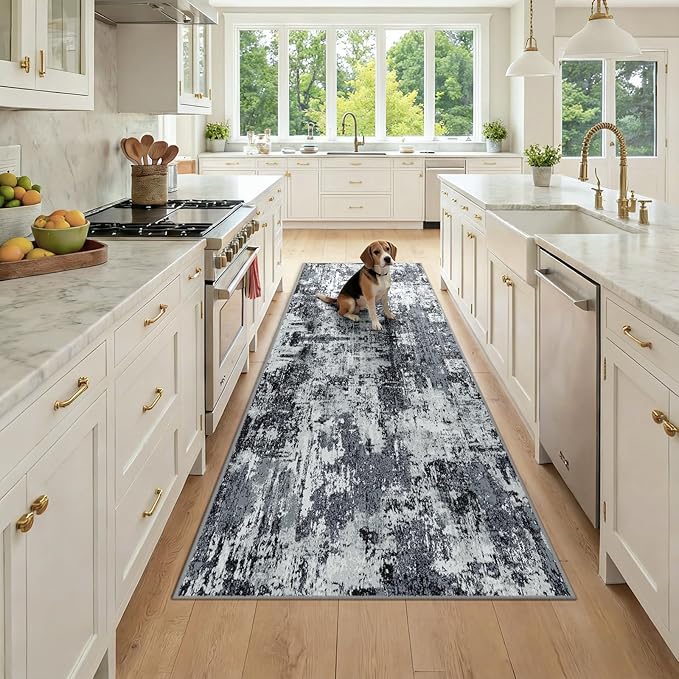RELEANY Washable Area Rugs 3x8 Non-Slip Modern Abstract Soft for Living Room Entryway Bedroom Nursery, Print Pattern, Black Navy Blue Gray