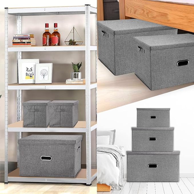 Large Linen Fabric Foldable Storage Bins with Removable Lid and Handles, Washable Storage Box Organizer Containers Baskets Cube with Cover for Bedroom,Closet,Office,Nursery (Khaki, XXL)