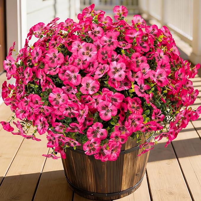 24 Pcs Artificial Fake Pansy Flowers for Outdoor,Faux Silk Plants Flowers UV Resistant Pansies Spring Flowers for Planter Front Door Porch Yard Patio Garden Window Box Home Decor(Dark Pink)