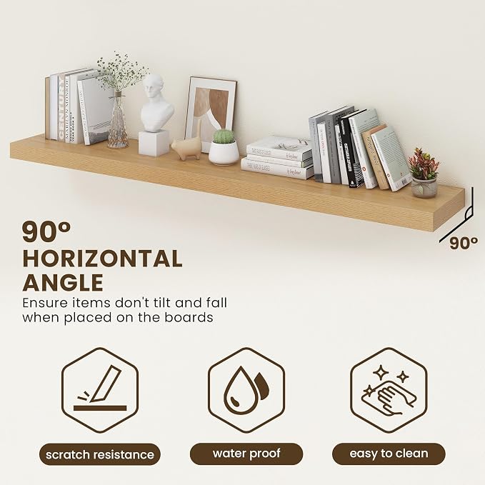 FLYJOE 72 Inch Floating Shelves | 12 Inch Deep Oak Floating Shelves Set of 2 | 72" W x 12" D Rustic Oak Wall Shelves for Bathroom Living Room Kitchen Laundry Room
