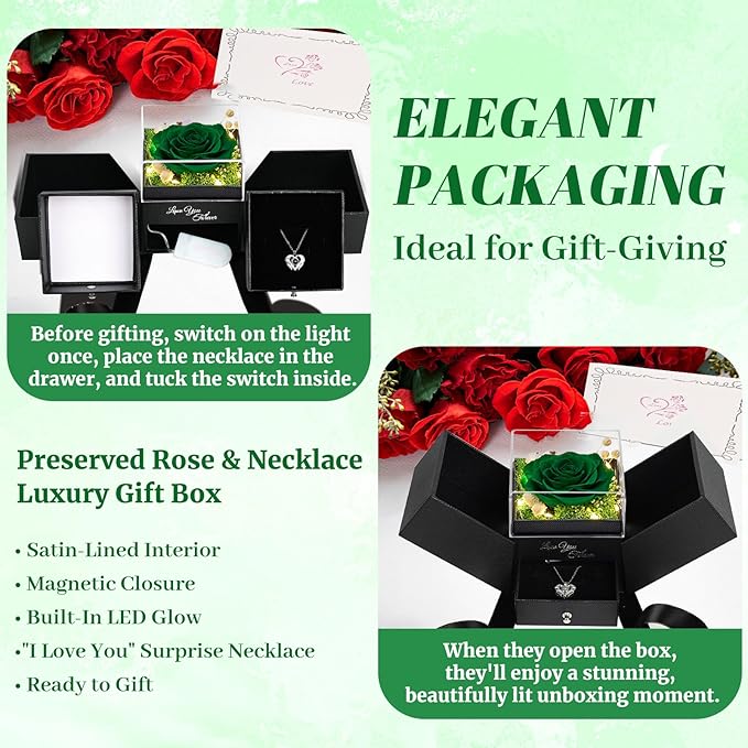 FIACO Gifts for Mom Preserved Real Roses with I Love You Necklace Fresh Forever Flowers Mothers Day Flower Gifts for Women Grandma Anniversary Birthday Gift for Girlfriend Wife Daughter