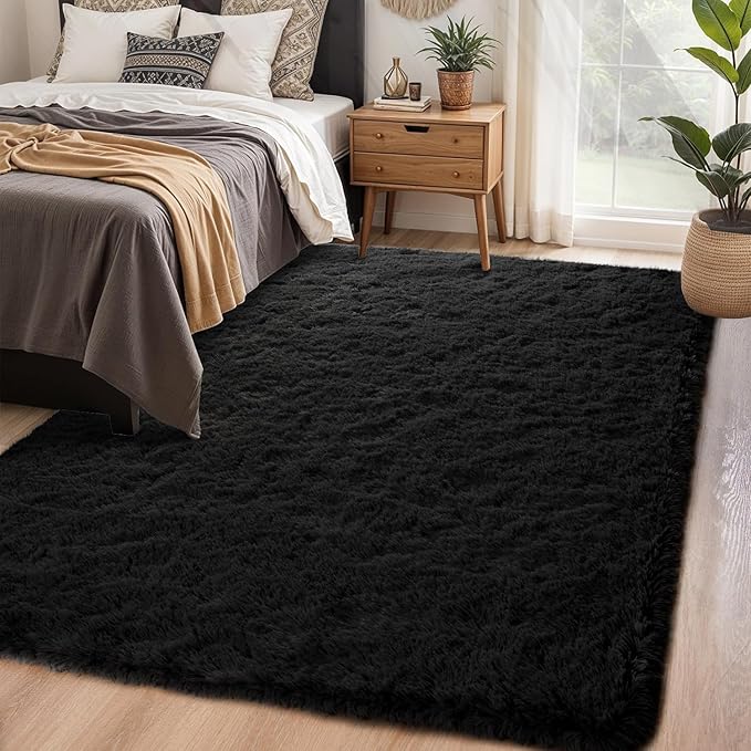 Chicrug Soft Area Rugs for Bedroom Living Room Plush Fluffy Rug 4x6 Feet, Shag Furry Area Rug Carpet Non Shedding for Nursery Children Kids Girls Room Home Decorative, Black