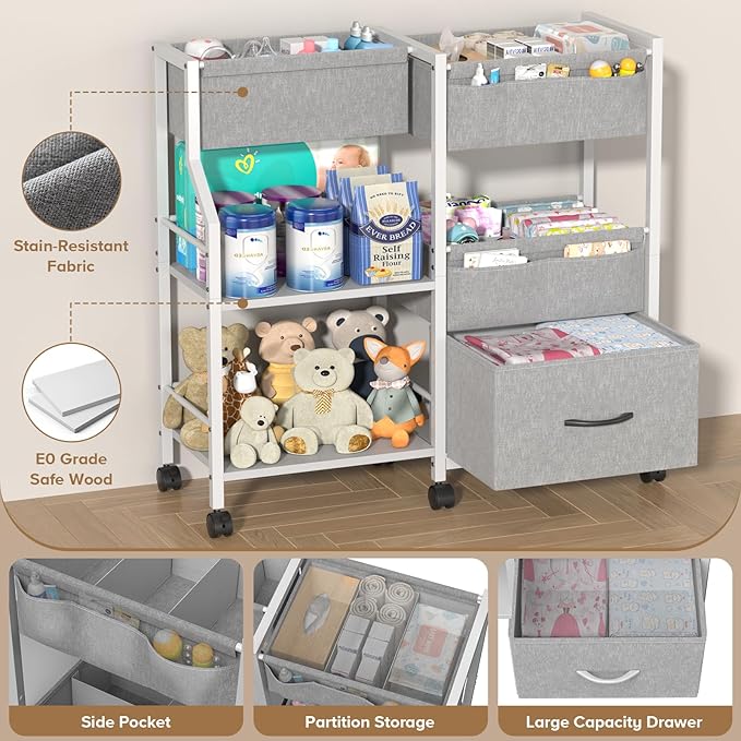 Baby Diaper Caddy Organizer and Storage, 3 Tier Rolling Cart with Dividers and Drawers, Mobile Utility Cart with Wheels for Nursery, Bedroom, Baby Newborn Essentials Storage Cart, White