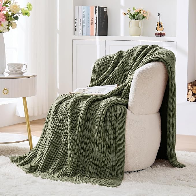 Chunky Knit Olive Green Throw Blanket 50"x60",Soft Cozy Thick Knitted Blanket for Couch Sofa Bed,Fisherman Cable Knit Cute Decorative Throw for Living Room