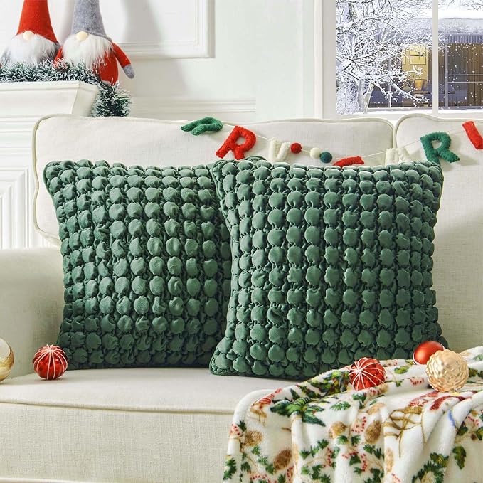 Throw Pillow Covers 18x18 Set of 2 Velvet Square Pillowcase Soft Skin-Friendly Thickened Decorative Farmhouse Cushion Covers Soft Bubble Texture for Couch Bedroom Living Room,Forest Green