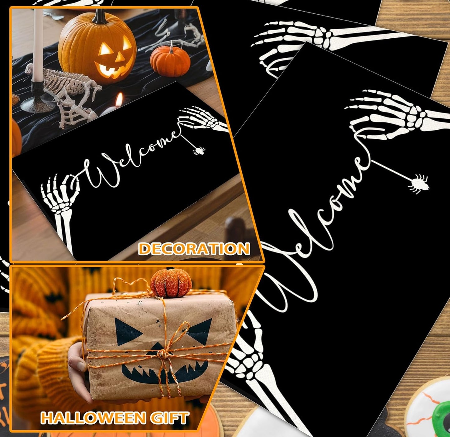 Halloween Skeleton Placemats Set of 4, 12x18 Inch Welcome Decorative Table Mats, Washable Heat Resistant Place Mats for Kitchen Dining Table, Spooky Themed Decoration for Home-B12