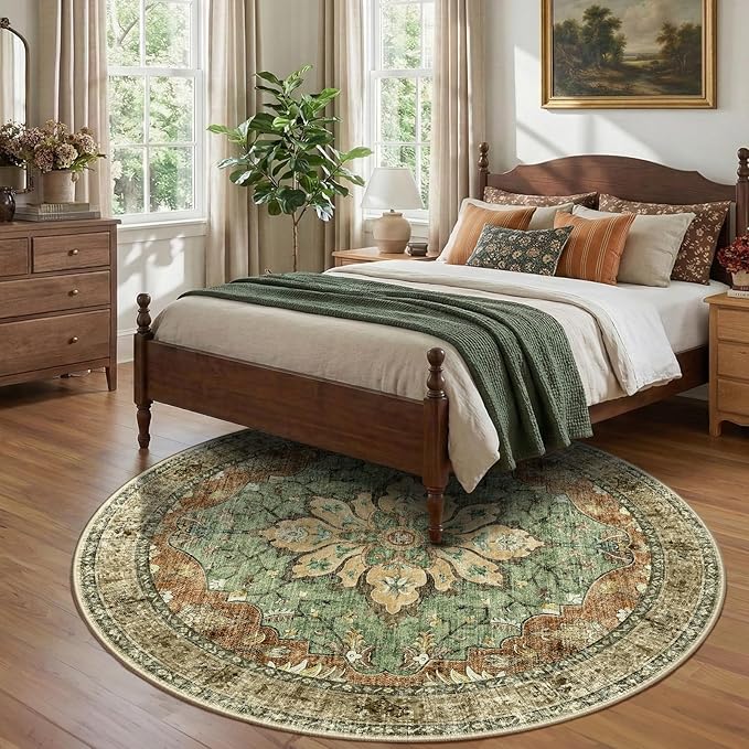 RELEANY Area Rugs 8ft Washable Non-Slip, Floral Vintage Distress Print Pattern Medallion Carpet for Living Room Bedroom Dining Room, Brick Red Rust Neutral Brown Burnt Orange