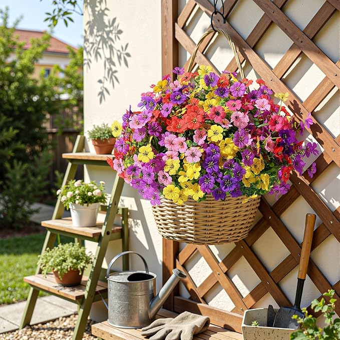 Alupssuc 48 Bundles Artificial Flowers for Outdoors Decoration, UV Resistant Silk Faux Floral Spring Fake Plastic Plants Greenery for Outside Indoor Porch Window Planter Home Decor(Upgrade 6 Colors)