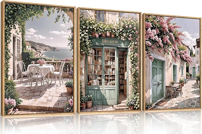 Modern French Flower Street Framed Canvas Wall Art Set,Romantic Green Landscape Wall Decor,Vintage Mediterranean Bookstore Neutral Coast Cityscape Artwork for Living Room, Bedroom-24 x36 x3