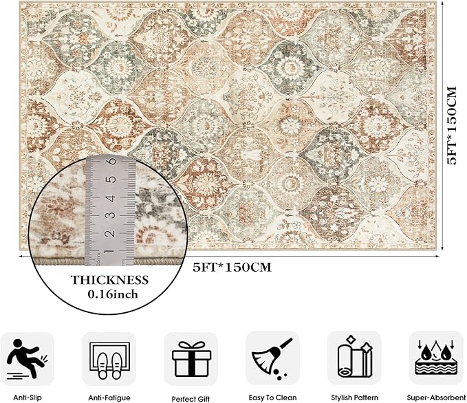 Lahome Moroccan Trellis Washable Small Area Rug, 3x5 Black Rug for Bedroom Living Room, Non-Slip Oriental Accent Throw Carpet for Kitchen Office Entryway Bathroom Office Elise, Khaki